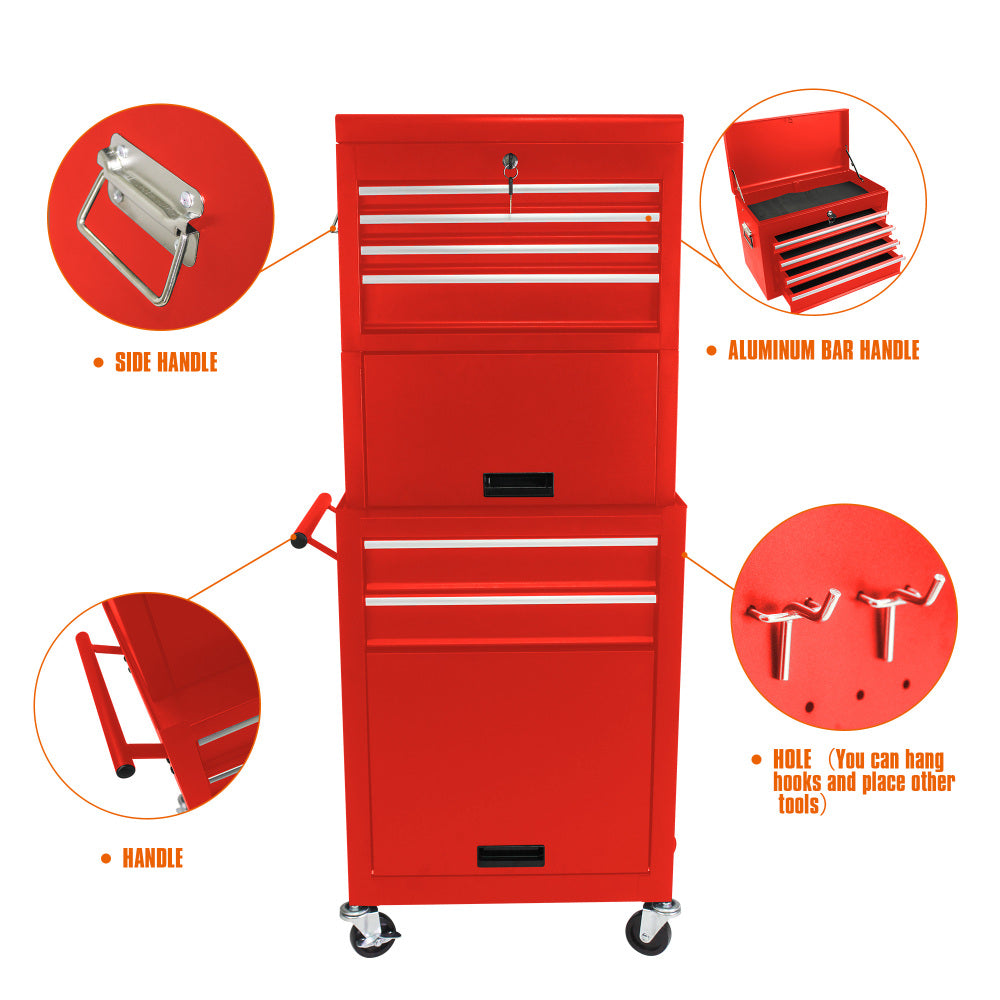 Tool Cabinet on Wheels, 6-Drawer Lockable Rolling Tool Chest w/ 4 Universal Wheels, 2 in 1 Detachable Tool Box Storage Organizer for Garage Workshop Repair Shop,RED