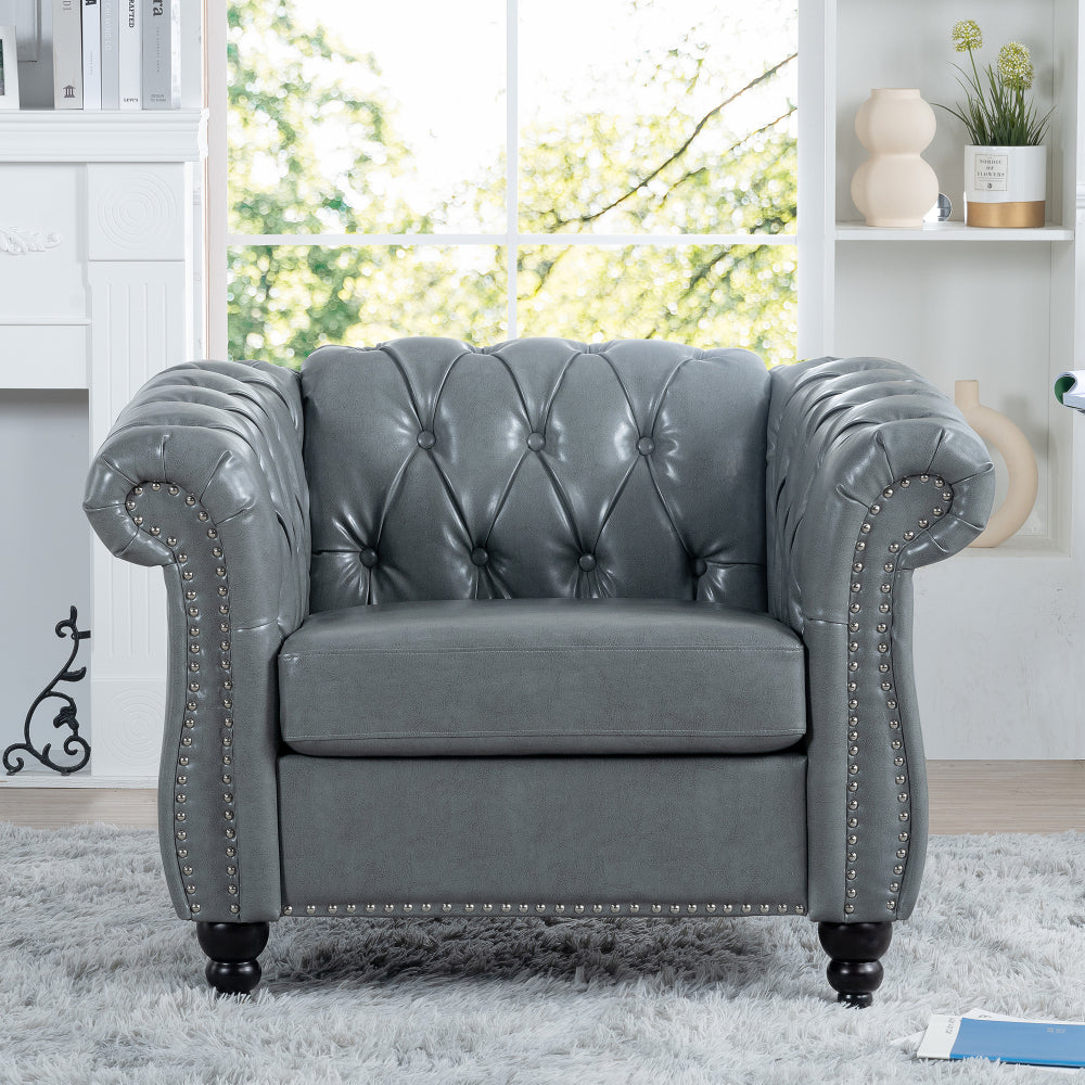 84.65" BLACK PU Rolled Arm Chesterfield Three Seater Sofa.