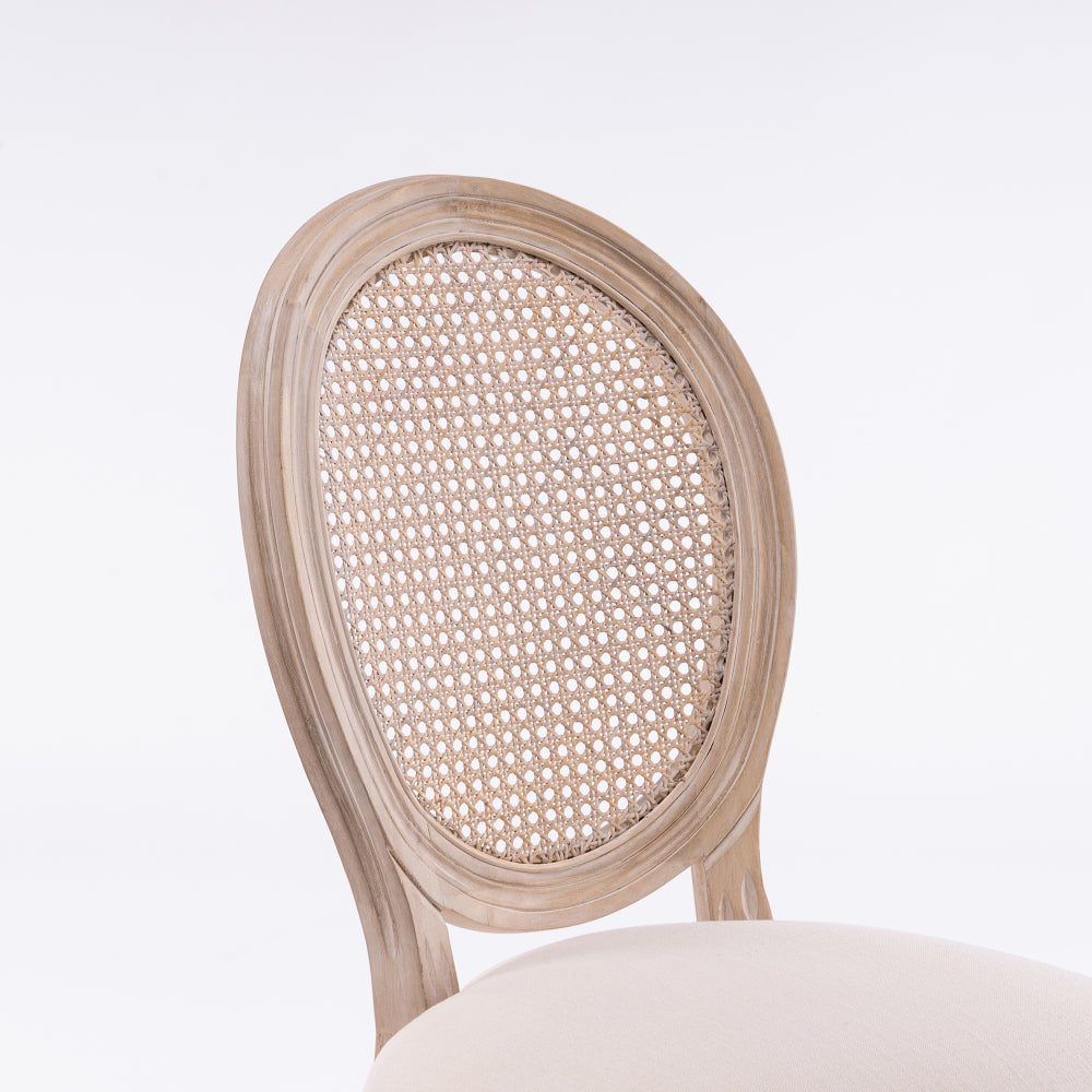 French Style Solid Wood Frame  Linen Fabric Rattan Back Dining Chair,Set of 2,Cream