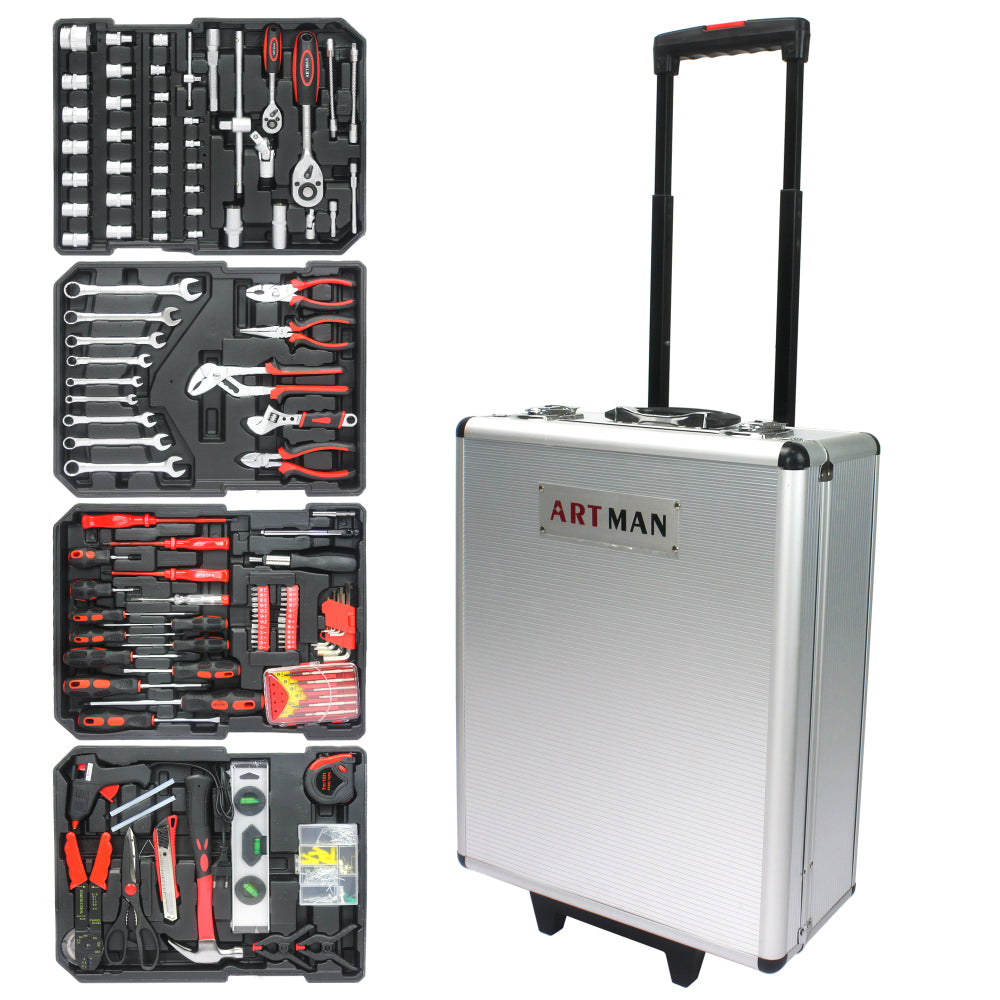 899pcs Home Repair Tool Set Kit, Toolbox Storage Case with 4 Drawers, General Household Tool Kit with Rolling Tool Box, Tool Set Kit for Maintenance, Garden, Homeowner, Handyman -Silver