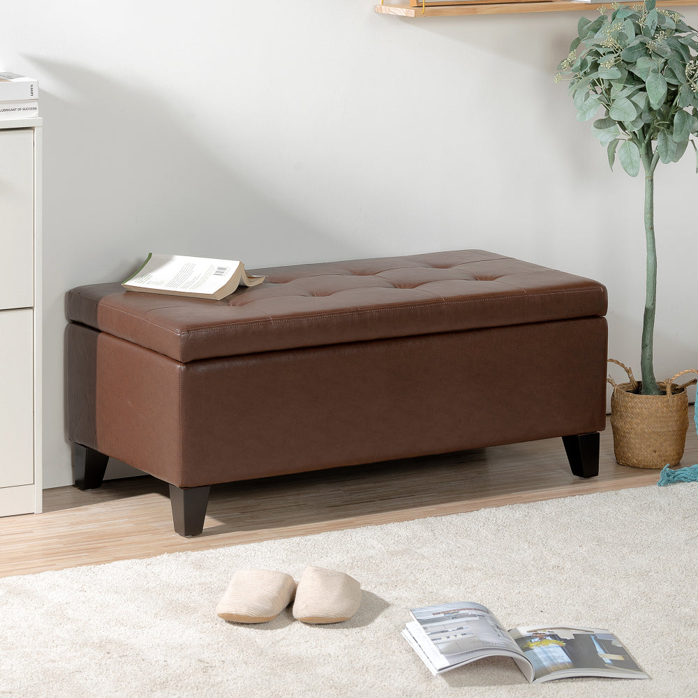 Storage Ottoman with Wooden Legs, Faux Leather Ottoman with Storage for Living Room, Bedroom & Hallway, Ottoman Foot Rest, 38.4" Brown Ottoman