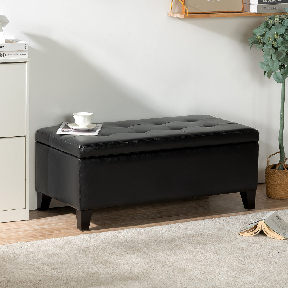 Storage Ottoman with Wooden Legs, Faux Leather Ottoman with Storage for Living Room, Bedroom & Hallway, Ottoman Foot Rest, 38.4" Brown Ottoman