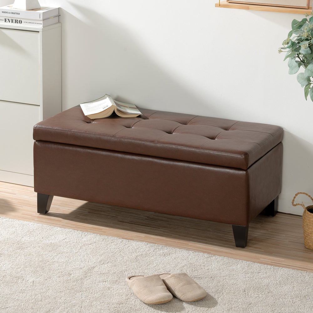 Storage Ottoman with Wooden Legs, Faux Leather Ottoman with Storage for Living Room, Bedroom & Hallway, Ottoman Foot Rest, 38.4" Brown Ottoman
