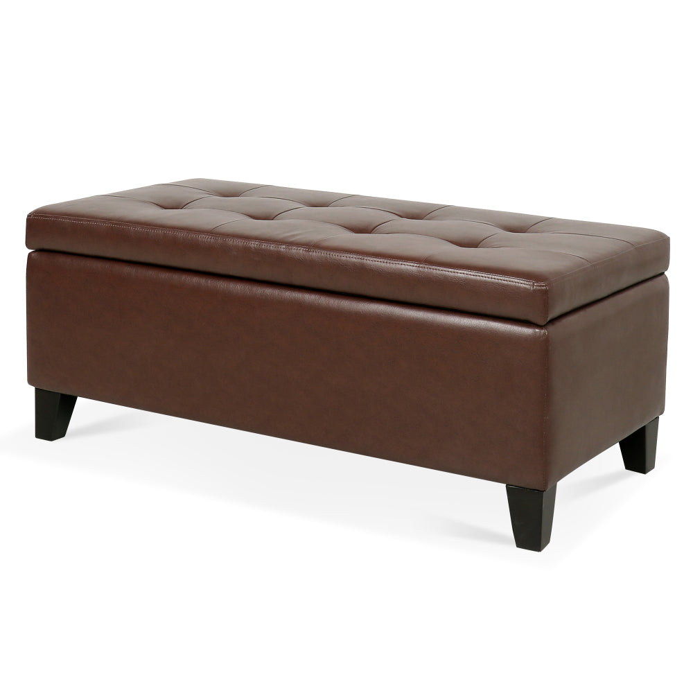 Storage Ottoman with Wooden Legs, Faux Leather Ottoman with Storage for Living Room, Bedroom & Hallway, Ottoman Foot Rest, 38.4" Brown Ottoman