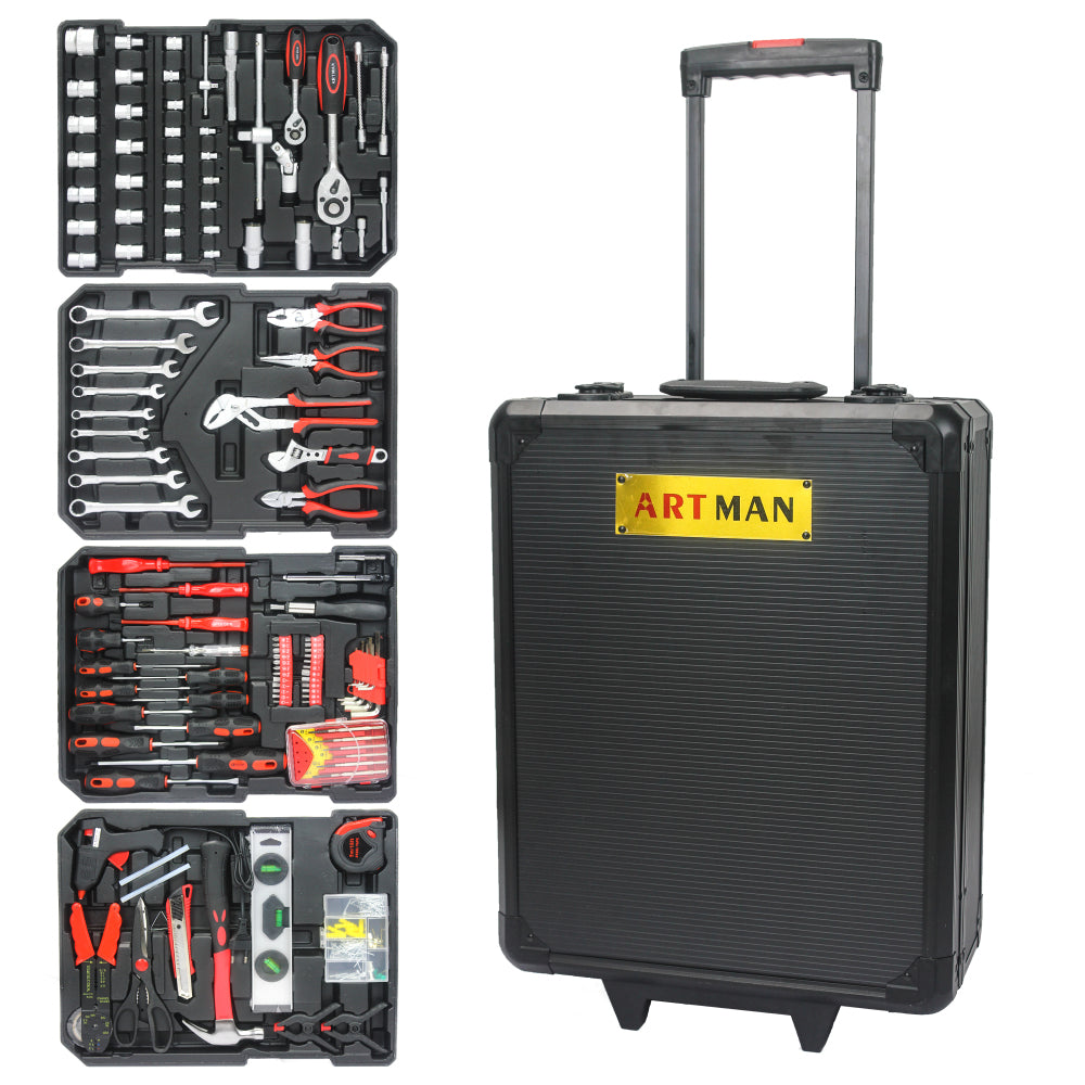 899pcs Home Repair Tool Set Kit, Toolbox Storage Case with 4 Drawers, General Household Tool Kit with Rolling Tool Box, Tool Set Kit for Maintenance, Garden, Homeowner, Handyman -Black
