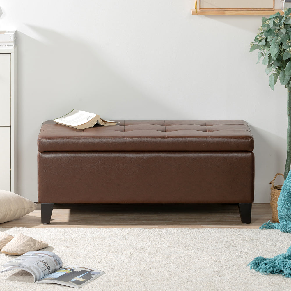 Storage Ottoman with Wooden Legs, Faux Leather Ottoman with Storage for Living Room, Bedroom & Hallway, Ottoman Foot Rest, 38.4" Brown Ottoman
