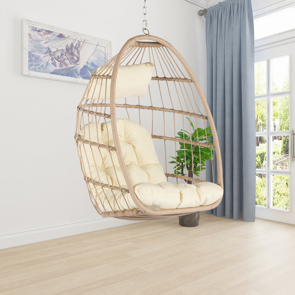 Outdoor Garden Rattan Egg Swing Chair Hanging Chair Wood+Khaki