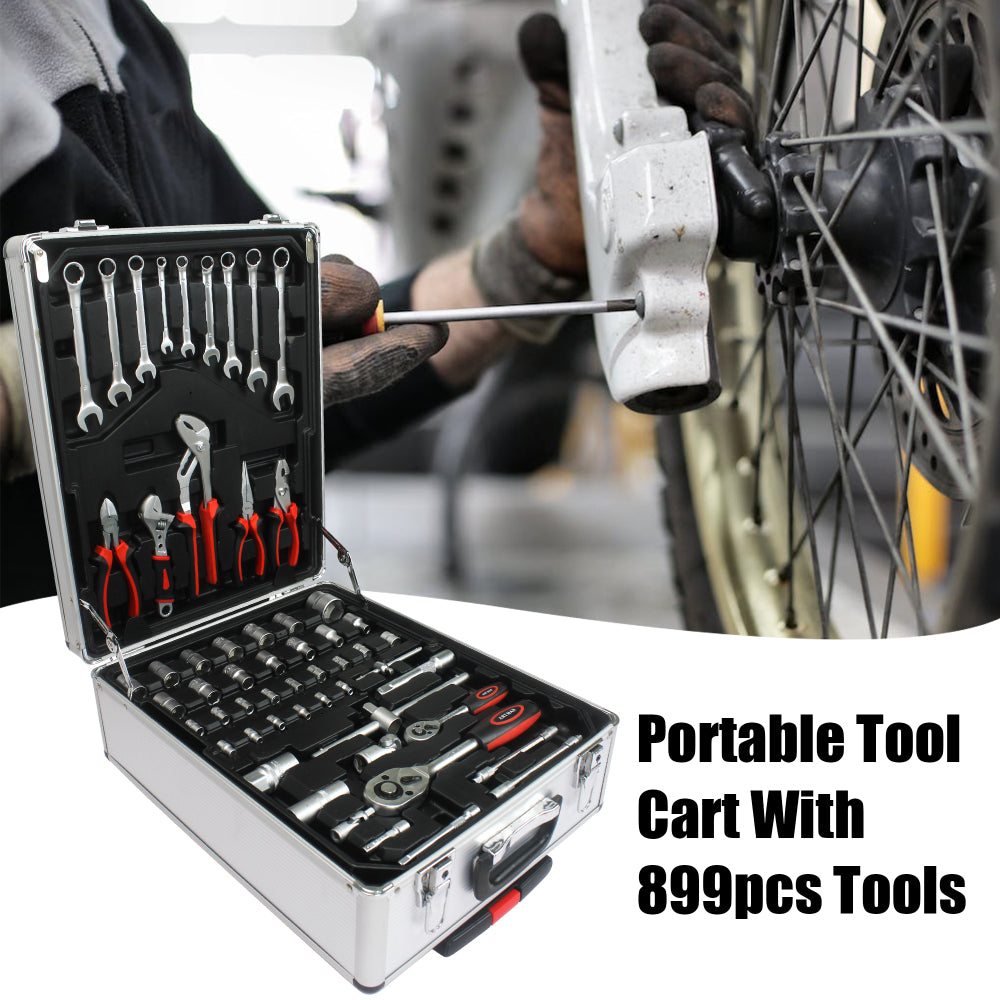 899pcs Home Repair Tool Set Kit, Toolbox Storage Case with 4 Drawers, General Household Tool Kit with Rolling Tool Box, Tool Set Kit for Maintenance, Garden, Homeowner, Handyman -Silver