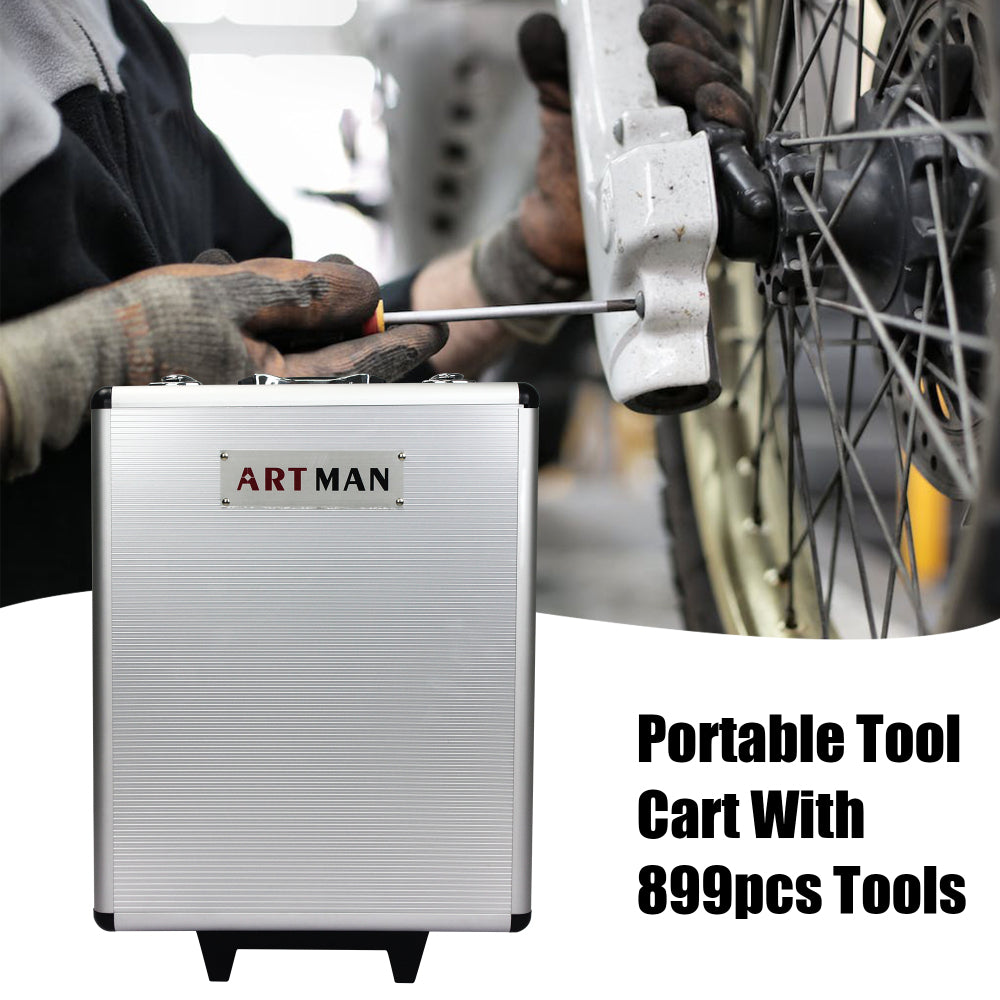 899pcs Home Repair Tool Set Kit, Toolbox Storage Case with 4 Drawers, General Household Tool Kit with Rolling Tool Box, Tool Set Kit for Maintenance, Garden, Homeowner, Handyman -Silver