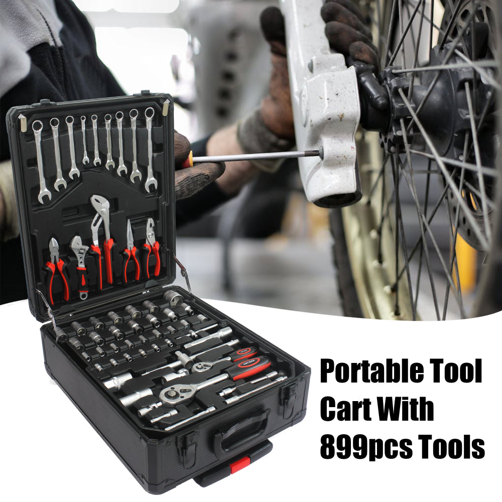 899pcs Home Repair Tool Set Kit, Toolbox Storage Case with 4 Drawers, General Household Tool Kit with Rolling Tool Box, Tool Set Kit for Maintenance, Garden, Homeowner, Handyman -Black