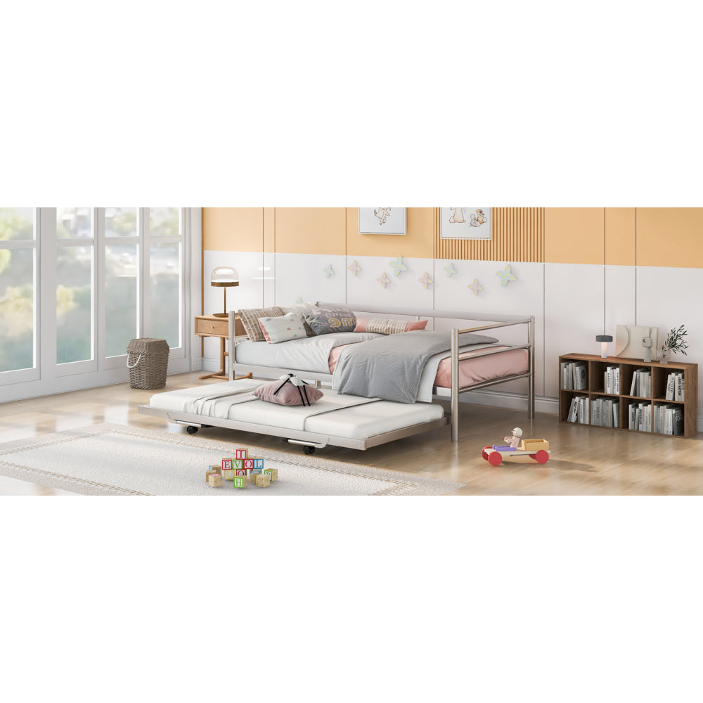 Twin Size Metal Daybed with Adjustable Trundle, Pop Up Trundle, Silver