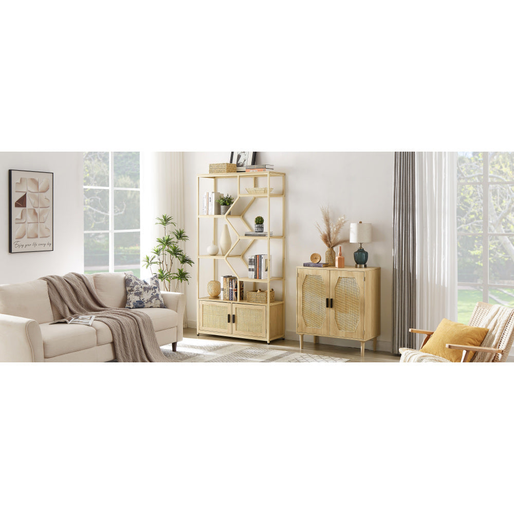 Rattan bookshelf 7 tiers Bookcases Storage Rack with cabinet for Living Room Home Office, Natural, 39.4'' W x 13.8'' D x 75.6'' H.