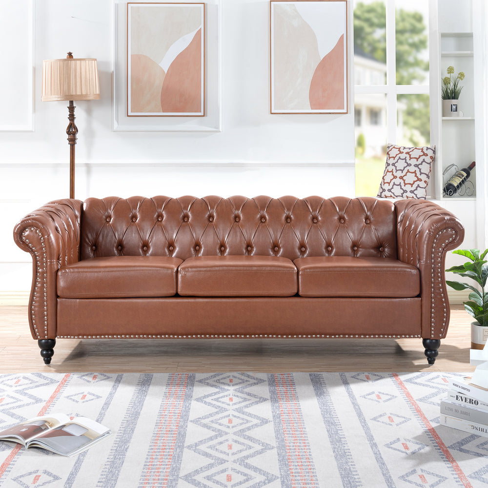 84.65" BLACK PU Rolled Arm Chesterfield Three Seater Sofa.