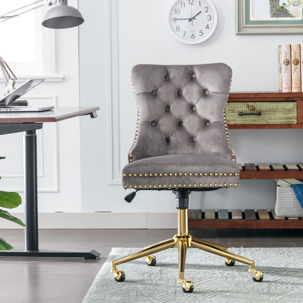 A&A Furniture Office Chair,Modern Velvet Upholstered Tufted Button Home Office Chair with Golden Metal Base,Adjustable Desk Chair Swivel Office Chair (Gray)
