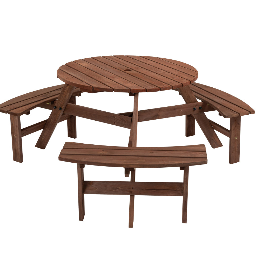 6-Person Circular Outdoor Wooden Picnic Table for Patio, Backyard, Garden, DIY w/ 3 Built-in Benches, 1720lb Capacity - Natural