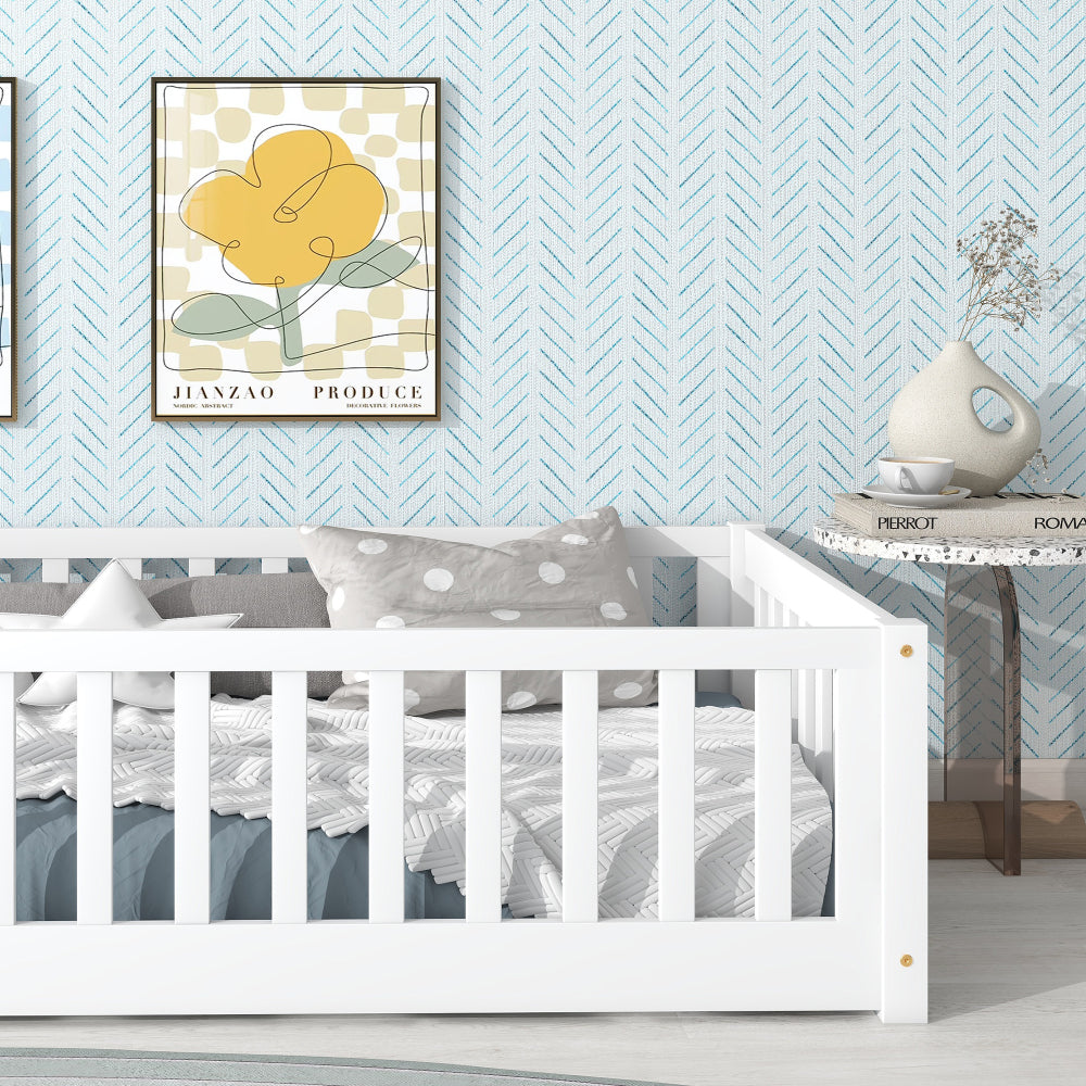 Twin Size Floor Bed with Fence without Door, Rubber Wood Floor Bed with Safety Guardrails,White
