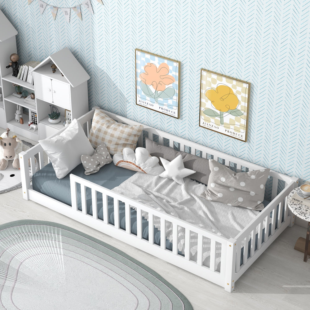Twin Size Floor Bed with Fence without Door, Rubber Wood Floor Bed with Safety Guardrails,White