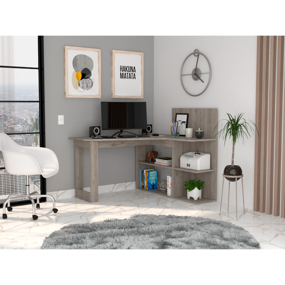 Masai Writing Computer Desk, Five Open Shelves -Smokey Oak