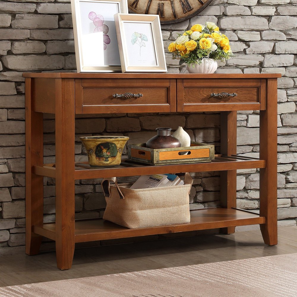 Console Sofa Table with 2 Storage Drawers and 2 Tiers Shelves, Mid-Century Style 42'' Solid Wood Buffet Sideboard for Living Room Furniture Kitchen Dining Room Entryway Hallway, Espresso