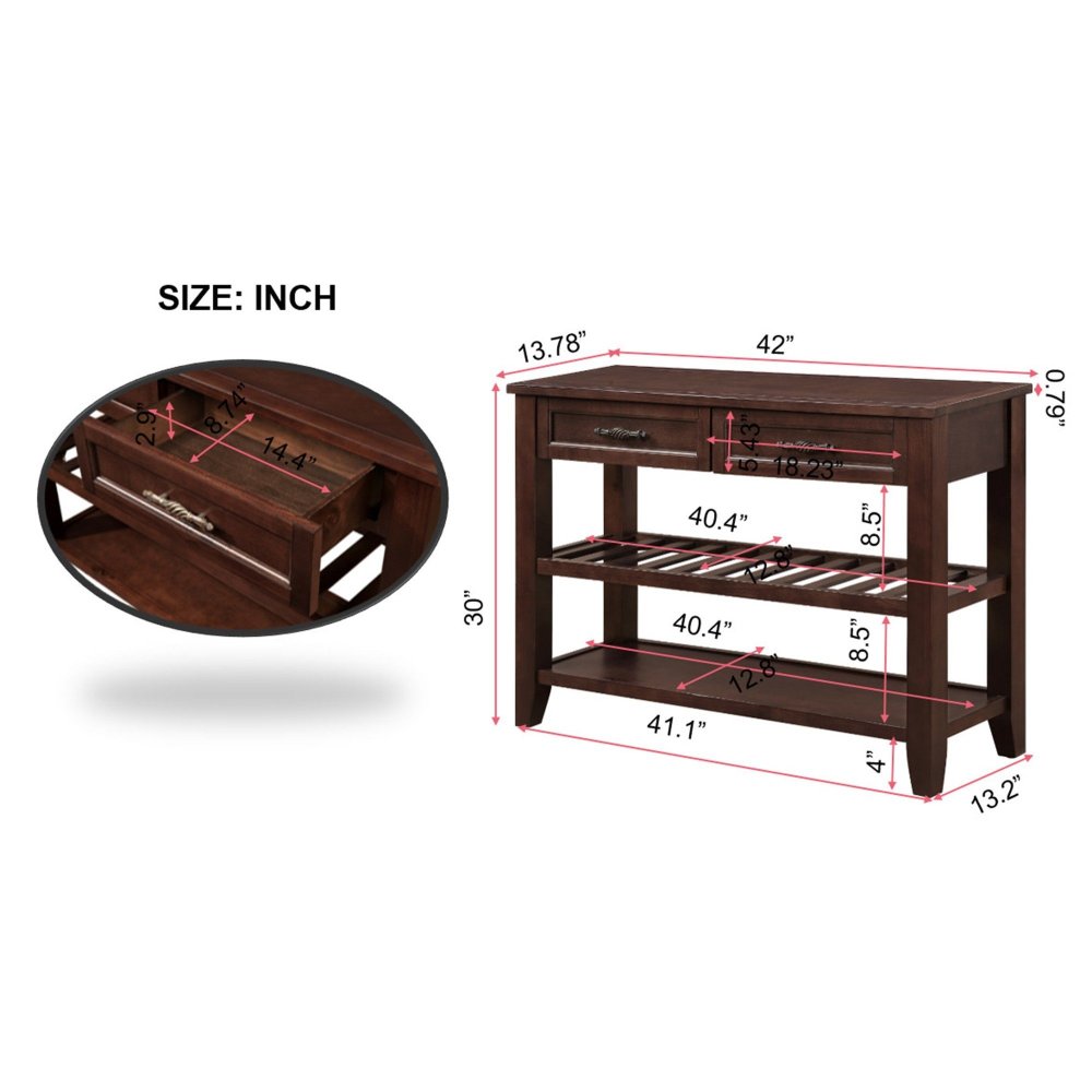 Console Sofa Table with 2 Storage Drawers and 2 Tiers Shelves, Mid-Century Style 42'' Solid Wood Buffet Sideboard for Living Room Furniture Kitchen Dining Room Entryway Hallway, Espresso