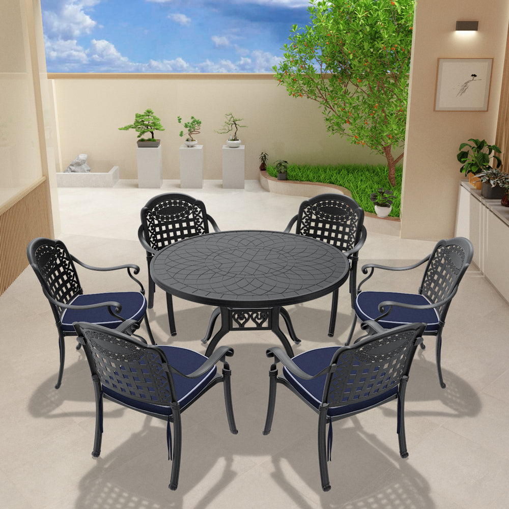 Ø47.24-inch Cast Aluminum Patio Dining Table With Black Frame and Carved Texture on the Tabletop