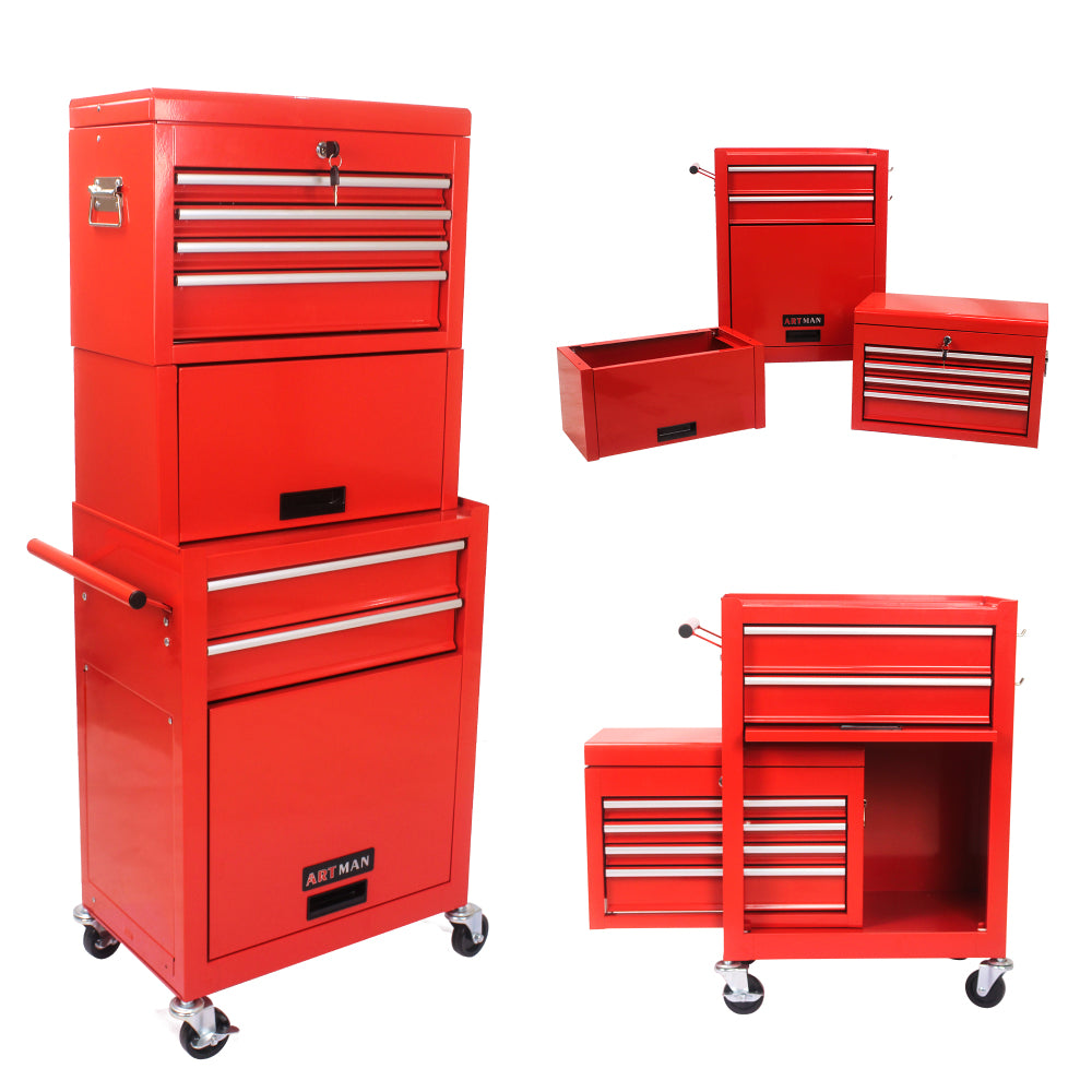 Tool Cabinet on Wheels, 6-Drawer Lockable Rolling Tool Chest w/ 4 Universal Wheels, 2 in 1 Detachable Tool Box Storage Organizer for Garage Workshop Repair Shop,RED