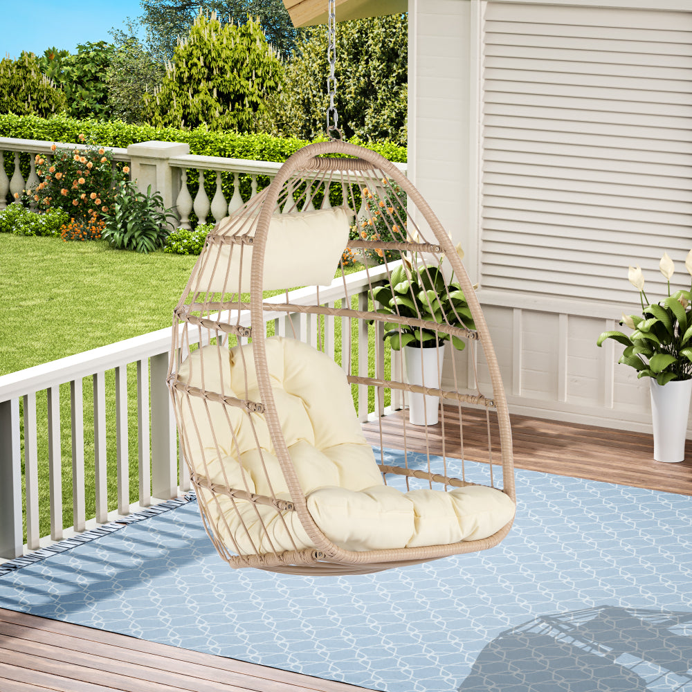 Outdoor Garden Rattan Egg Swing Chair Hanging Chair Wood+Khaki