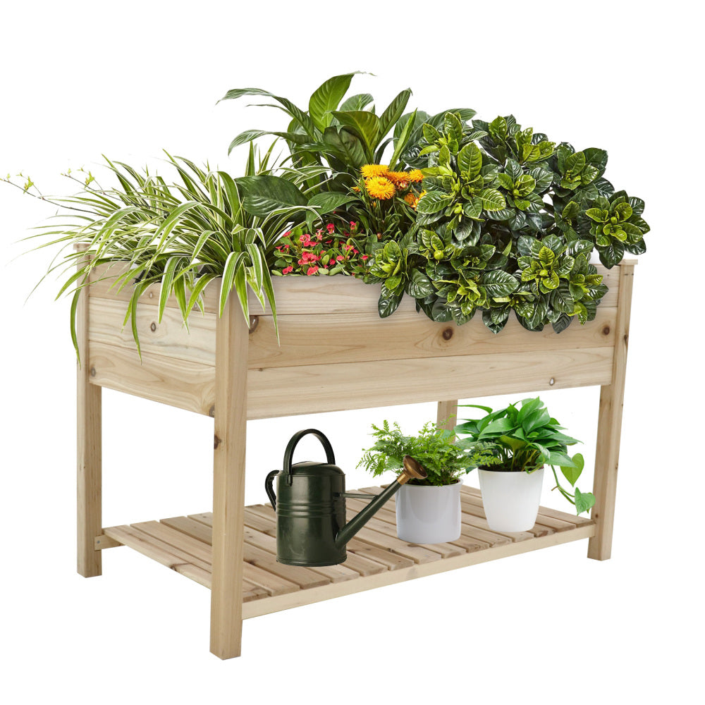 New style:     45"  Iron-wood combined growing beds with feet and storage racks. Suitable for various places such as gardens, backyards, terraces, balconies, etc.