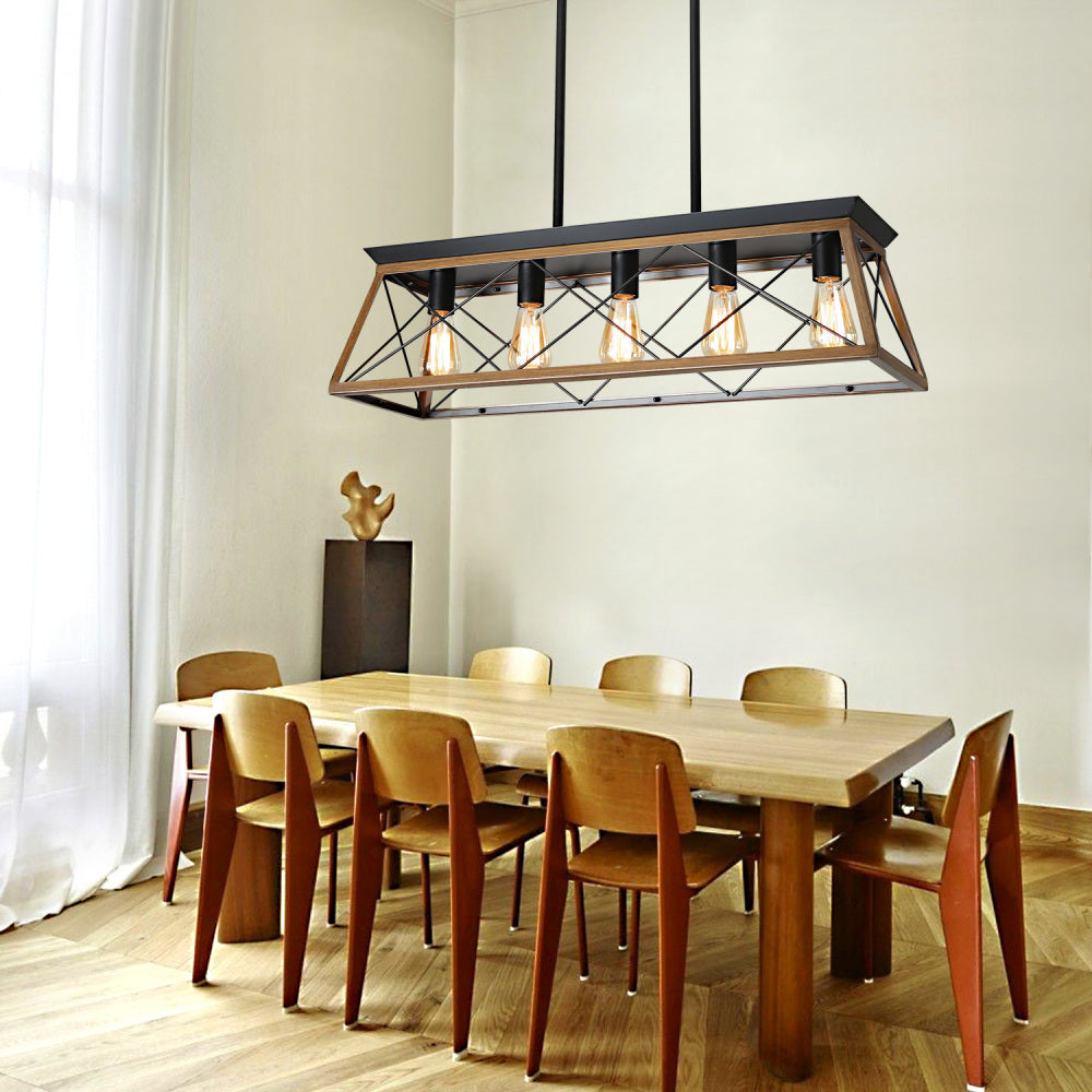 (NEW SKU :W1340P206631) 32" Walnut Industrial 5-Light Pendant Chandelier, Modern Metal Cage Design, Adjustable Hanging Light for Dining Room, Kitchen, Living Room (No Bulbs)