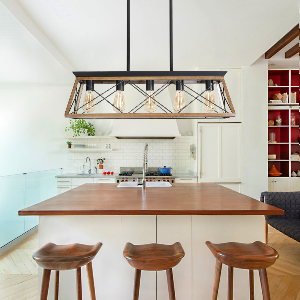 (NEW SKU :W1340P206631) 32" Walnut Industrial 5-Light Pendant Chandelier, Modern Metal Cage Design, Adjustable Hanging Light for Dining Room, Kitchen, Living Room (No Bulbs)