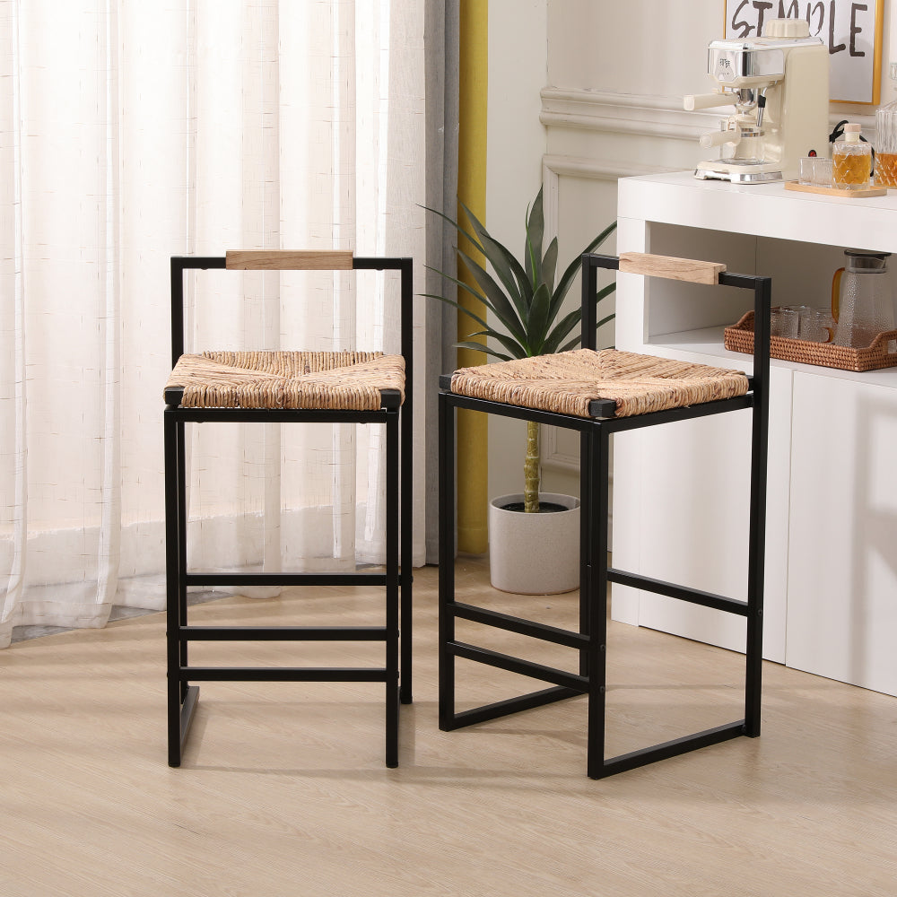 Set of 2 Bar Stools with Back  Paper Rope Woven Counter Height Dining Chairs for Kitchen, Home (Paper Rope with Back)