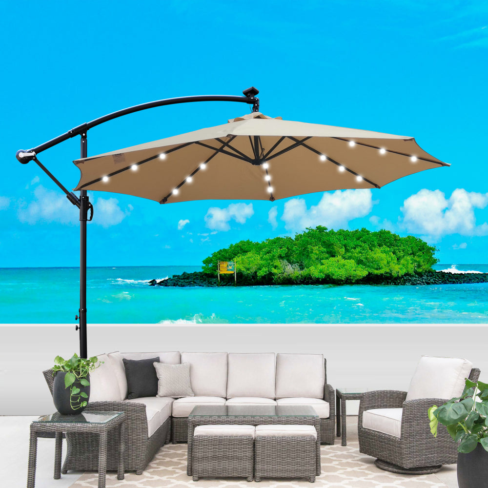 10 ft Outdoor Patio Umbrella Solar Powered LED Lighted Sun Shade Market Waterproof 8 Ribs Umbrella with Crank and Cross Base for Garden Deck Backyard Pool Shade Outside Deck Swimming Pool