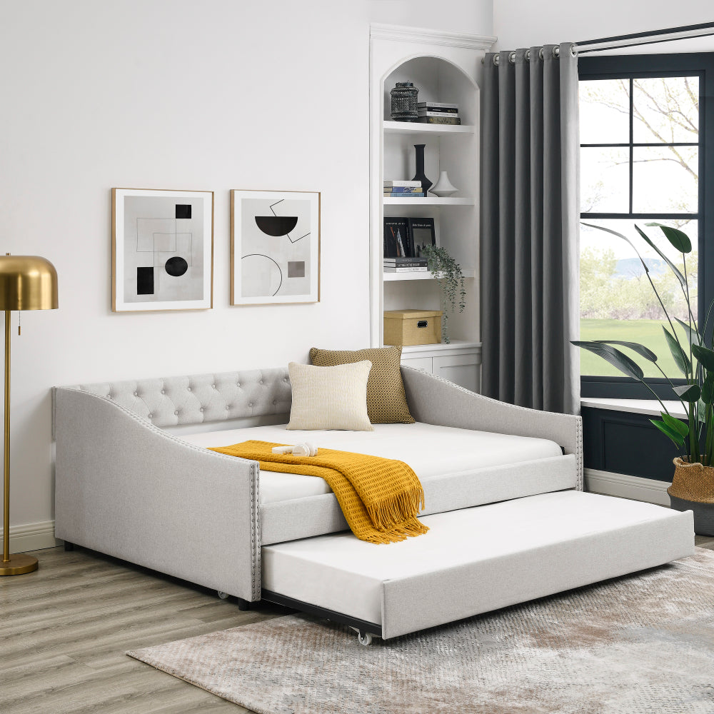 Twin Size Daybed with Twin Size Trundle Upholstered Tufted Sofa Bed, with Button on Back and Copper Nail on Waved Shape Arms, Beige (80.5"x41"x30.5")
