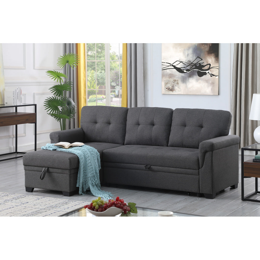 Lucca 84" Dark Gray Linen Reversible Sleeper Sectional Sofa with Storage Chaise