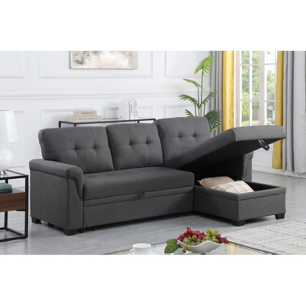 Lucca 84" Dark Gray Linen Reversible Sleeper Sectional Sofa with Storage Chaise