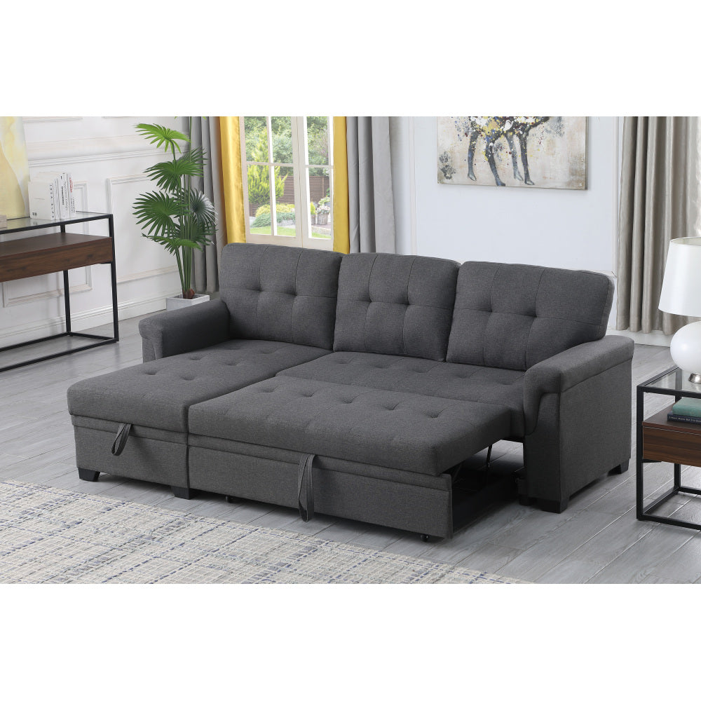 Lucca 84" Dark Gray Linen Reversible Sleeper Sectional Sofa with Storage Chaise