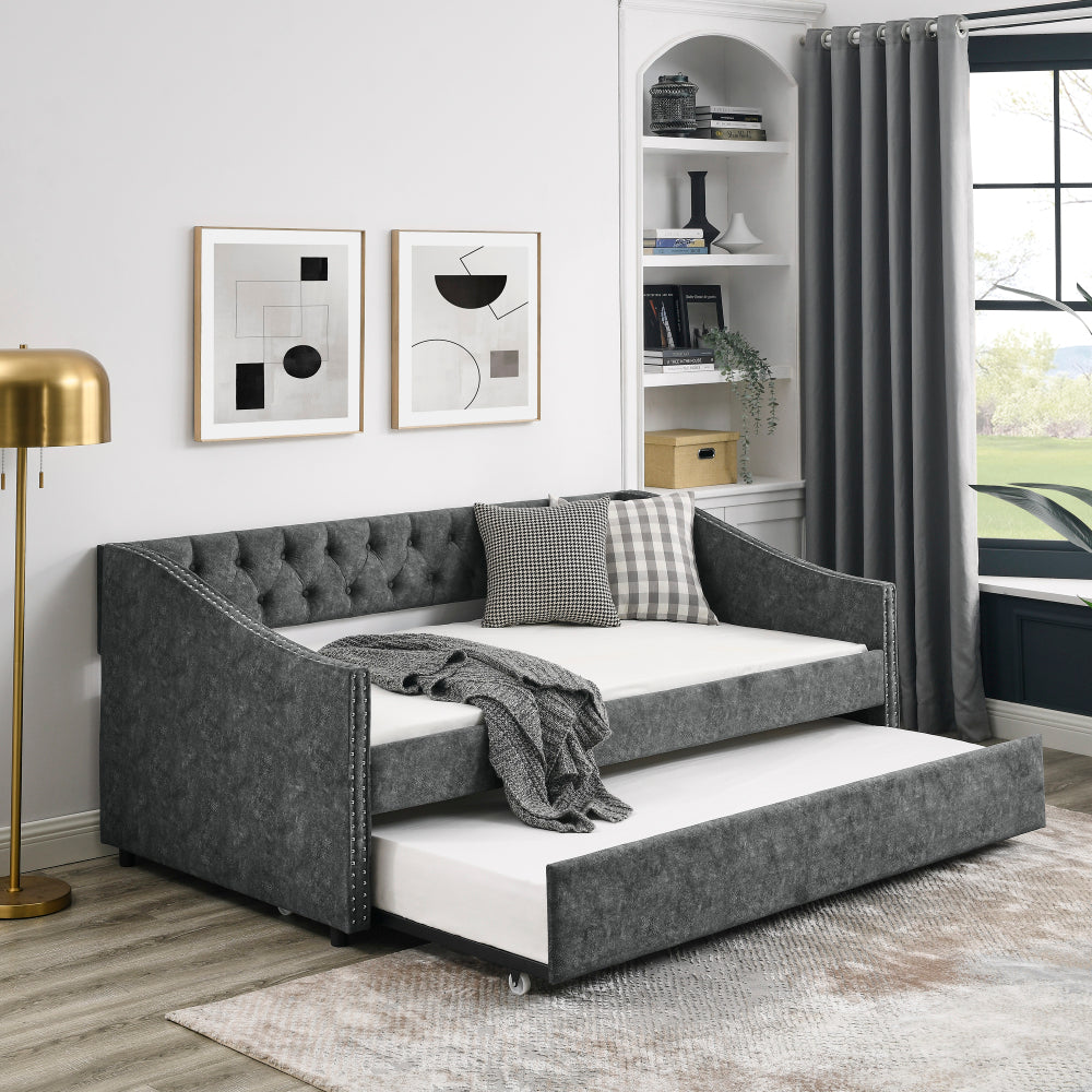 Twin Size Daybed with Twin Size Trundle Upholstered Tufted Sofa Bed, with Button on Back and Copper Nail on Waved Shape Arms, Beige (80.5"x41"x30.5")
