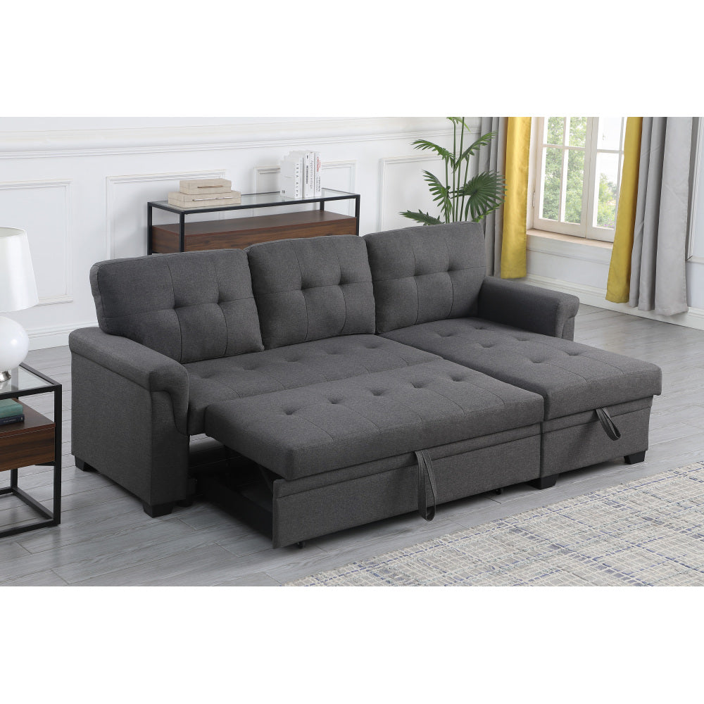 Lucca 84" Dark Gray Linen Reversible Sleeper Sectional Sofa with Storage Chaise