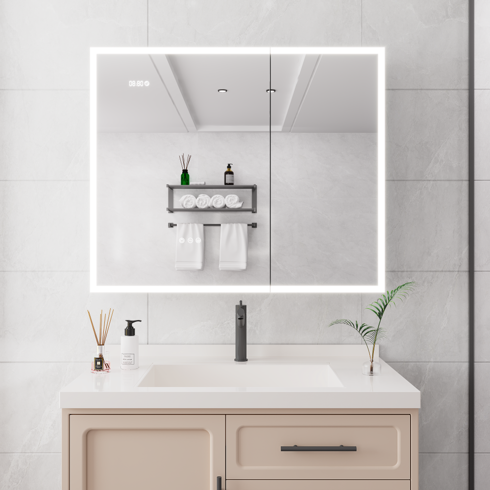 Bathroom Medicine Cabinet with Lights, 36×24 Inch LED Medicine Cabinet with Mirror, Double Door Lighted Medicine Cabinet with Defogger, Dimmer, Clock & Temp Display, 2 Outlets & USB Ports