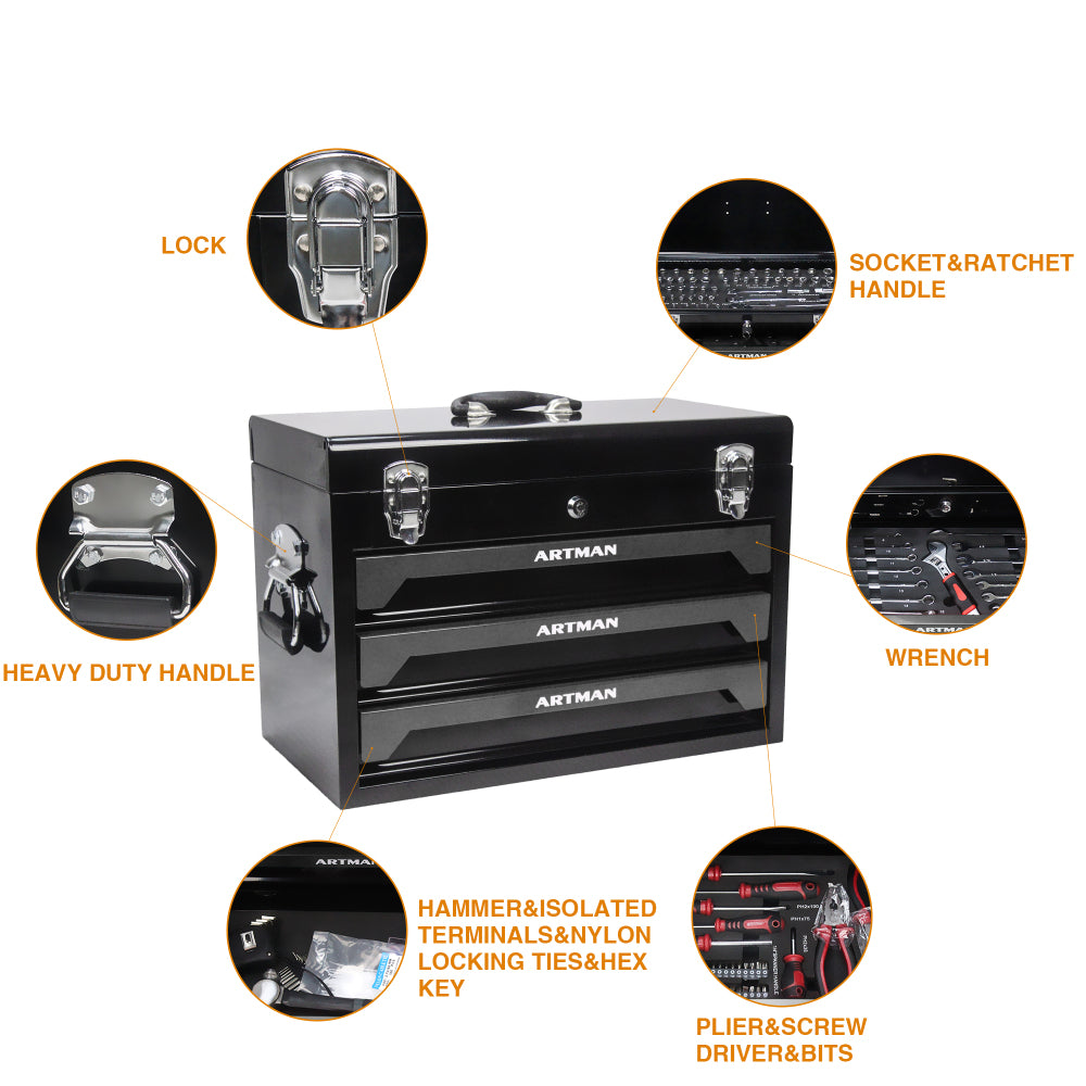 20'' Portable 3-Drawer Steel Toolbox, 4 Layers of Tools with Metal Latches, with Top Storage Tray and carrying Handle, Multi-Function Tool Storage for Garage, Home, or Workbench,Black