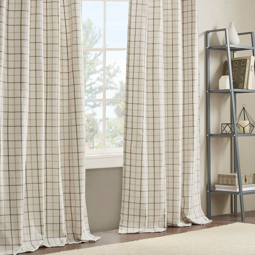 Plaid Rod Pocket and Back Tab Curtain Panel with Fleece Lining Natural 50x95"