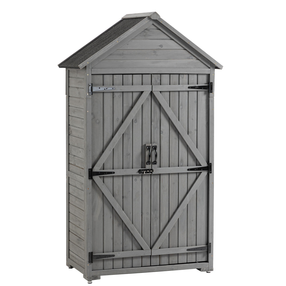 Outdoor Storage Cabinet, Wood Garden Shed, Pool Storage Shed with Lockable Door, Waterproof Roof and 2 Removable Shelves, Vertical Outside Storage Shed for Patio, Backyard and Lawn