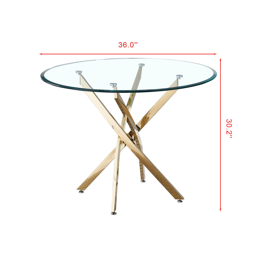 Contemporary Round Clear Dining Tempered Glass Table with Gold Finish Stainless Steel Legs