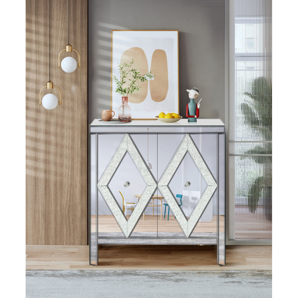 Storage Cabinet With Mirror Trim And Diamond Shape Design  Spliced Combination For Living Room, Dining Room, Entryway, Kitchen