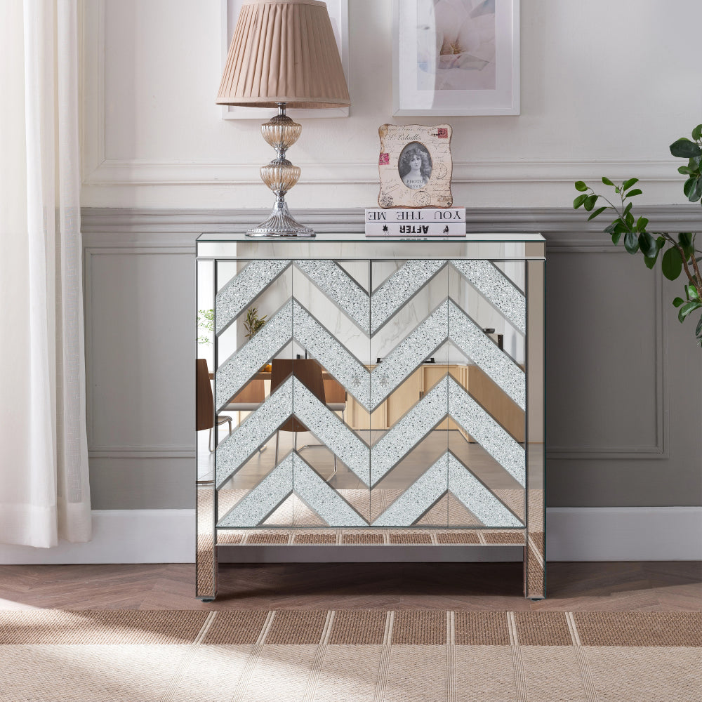 Mirrored TV Stand for 65+ inch TV,Sliver TV Console Table with Open Storage & 2 Storage Cabinets ,M Shape Sparkling Mirror Doors for Living Room(59''W x 25.2''H x 15.7D)