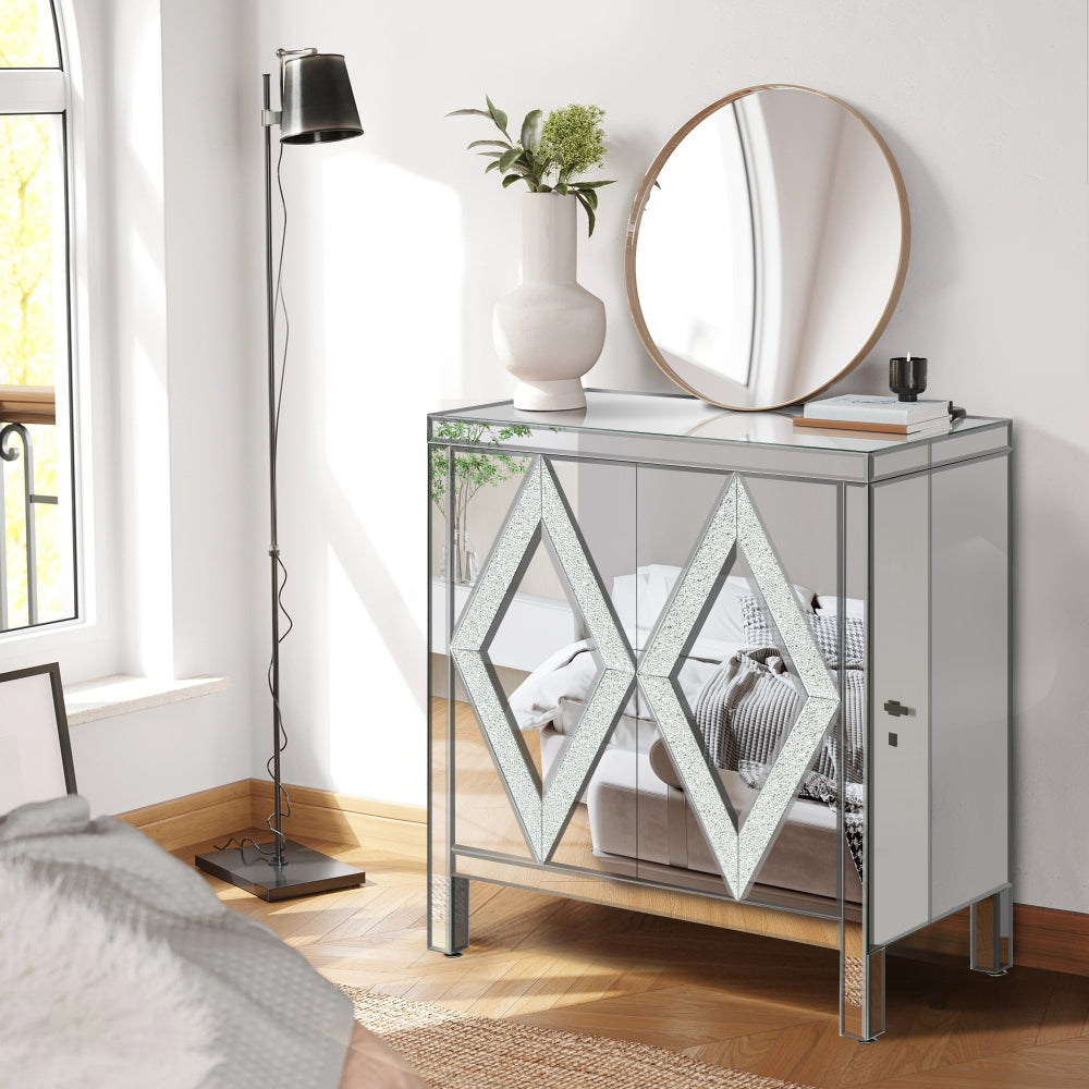Storage Cabinet With Mirror Trim And Diamond Shape Design  Spliced Combination For Living Room, Dining Room, Entryway, Kitchen