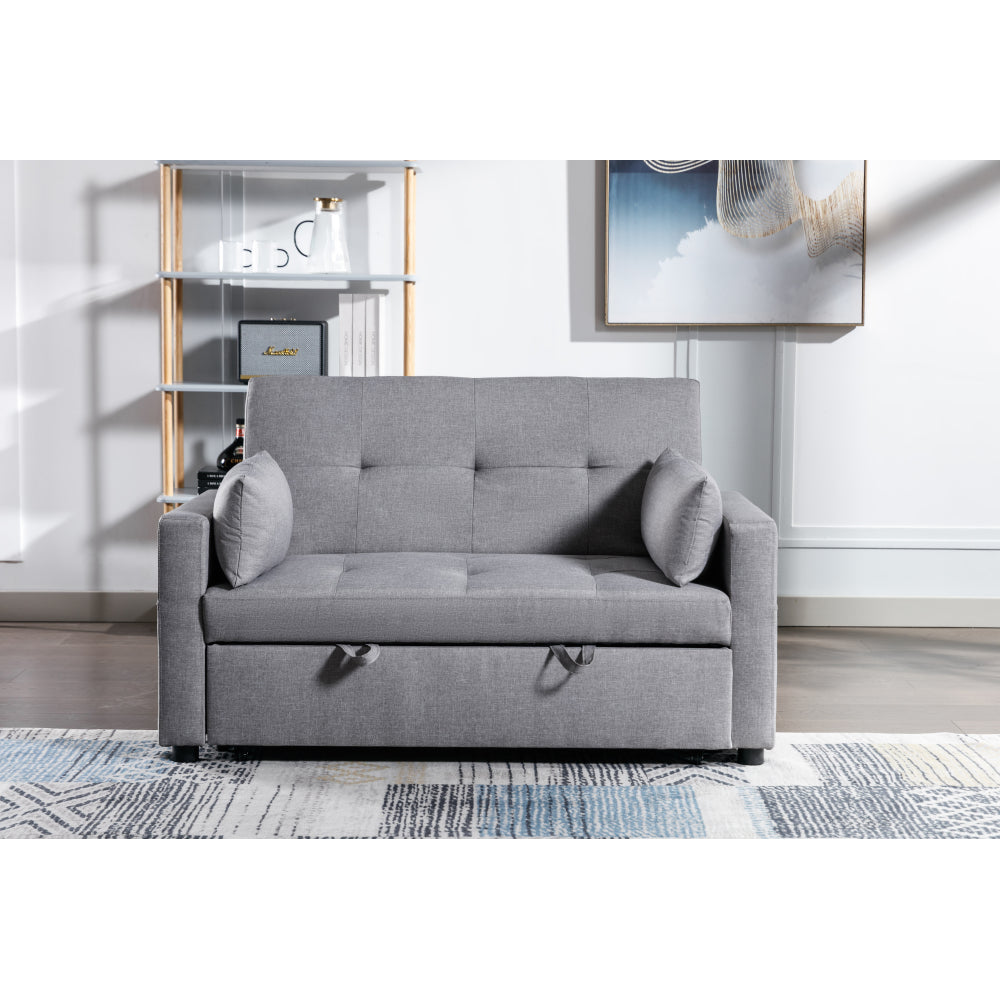 Light Grey Linen Fabric 3-in-1 Convertible Sleeper Loveseat with Side Pocket.