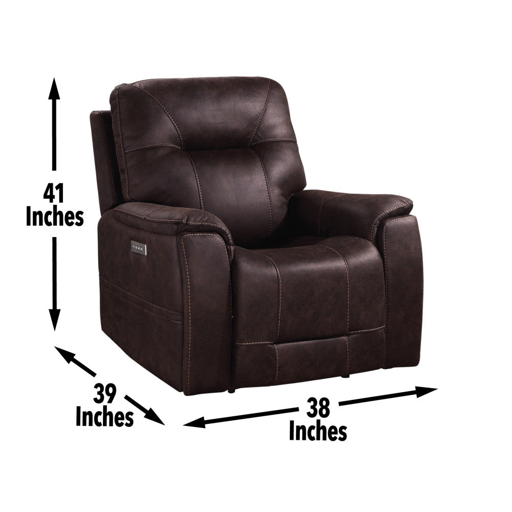 Triple-Power Recliner - Power Headrest, Power Footrest, Power Lumbar - Lighted Cupholders - Transitional Design, Brown Leatherette