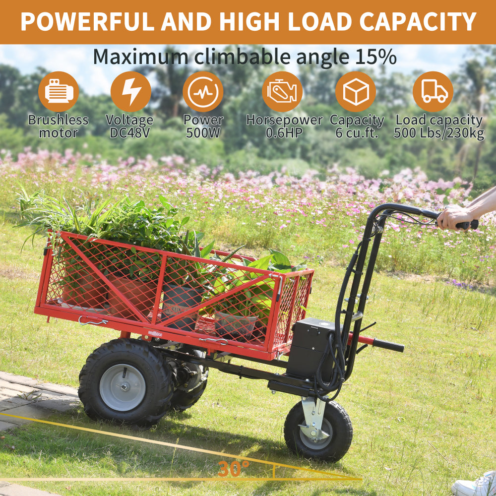 RedRock Wheelbarrow Utility Cart Electric Powered 24V DC 180W AGM Battery 330lbs (150kgs) Max Capacity Barrel Dump Material Debris Hauler