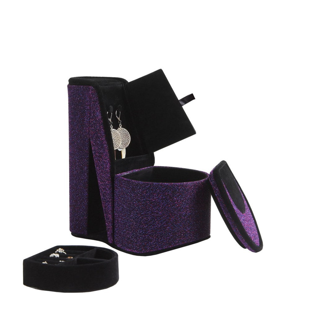 9" Tall Display Jewelry Box with Hidden Storage, High Heel Shoe Design, Purple Velvet